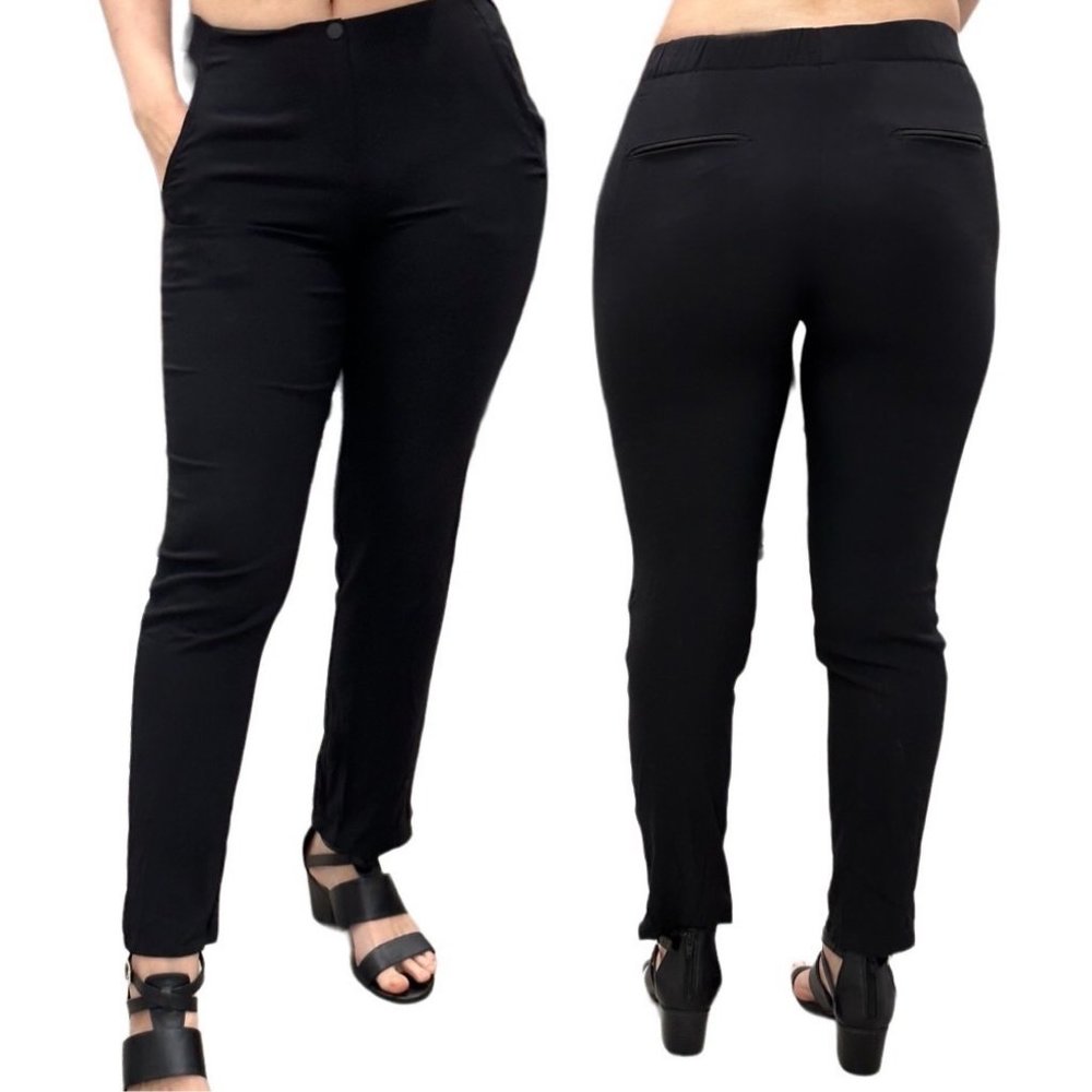 Rag & Bone Silk Blend Mid-Rise Tapered Leg Slim Ankle Slit Trouser Pants Black